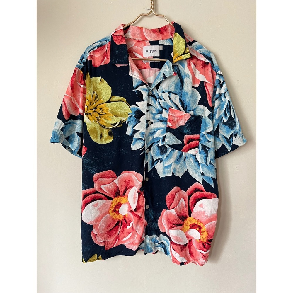Goodfellow & Co Mens Large Floral Tropical Rayon Button Down Shirt Navy Pink